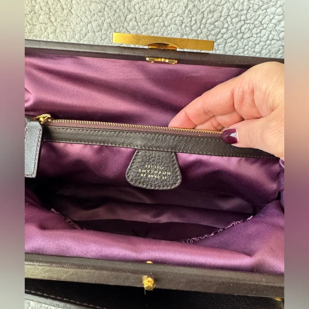 Smythson of Bond Street Agatha Kiss Lock Shoulder Bag in Dark Chocolate - Picture 12 of 17